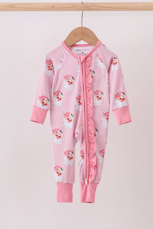 Pink santa claus bamboo ruffle zipper romper