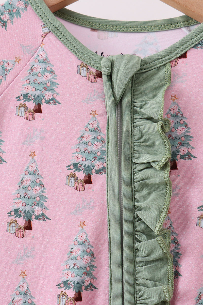 Pink christmas tree bamboo ruffle zipper romper