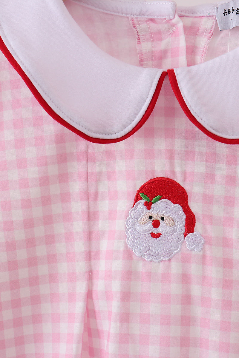 Pink santa claus embroidery gingham pants set