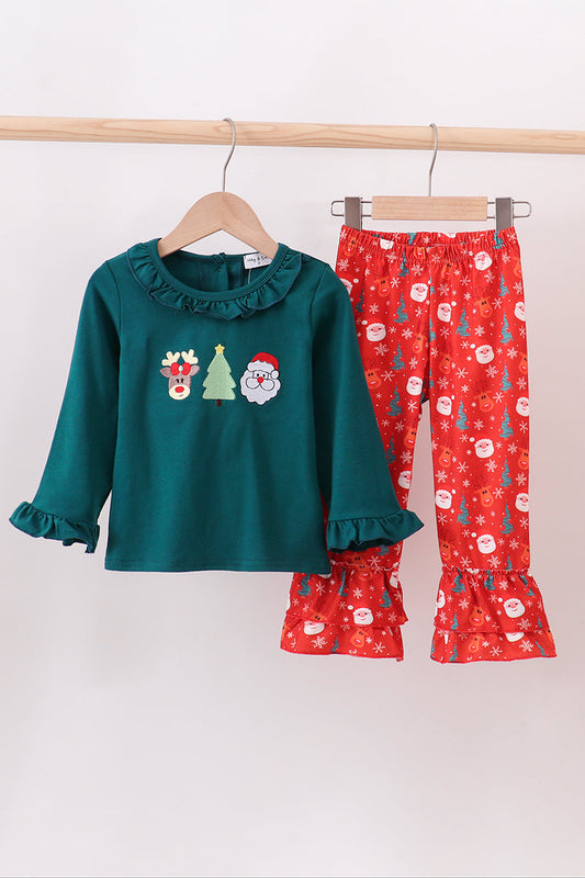 Green christmas santa claus embroidery ruffle pants set