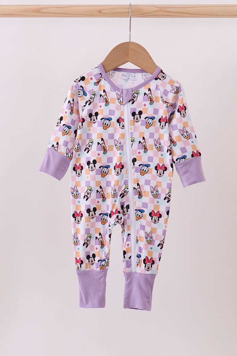 Premium purple character print checkered bamboo romper