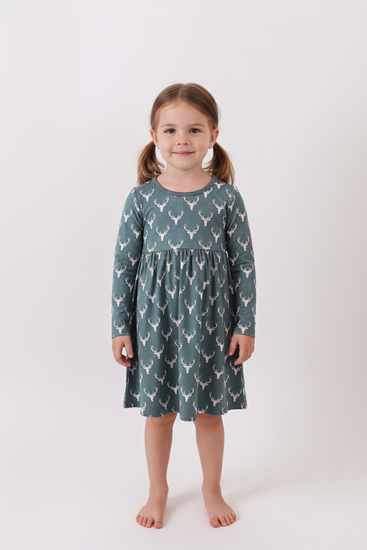 Premium forest reindeer print bamboo dress