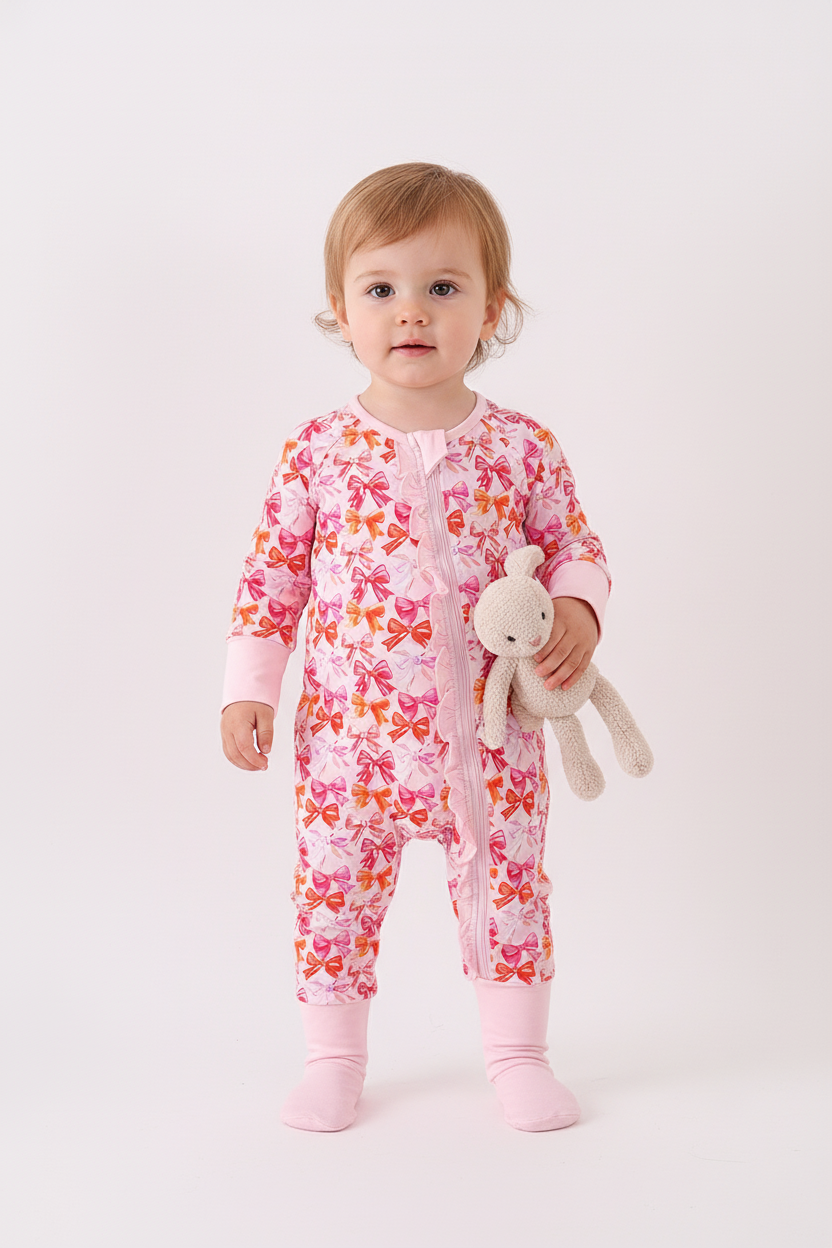 Premium berry blossom bows ruffle bamboo romper