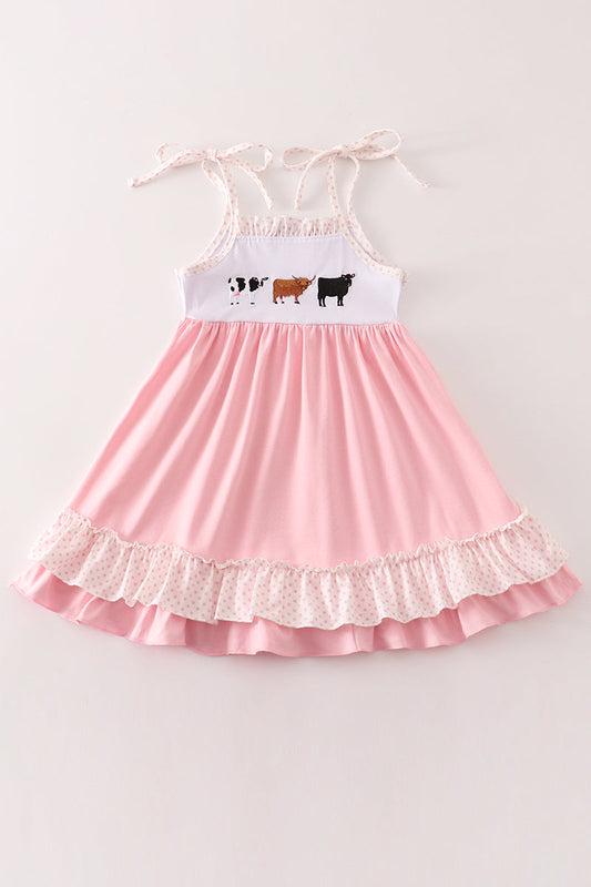 Pink cow embroidery dress