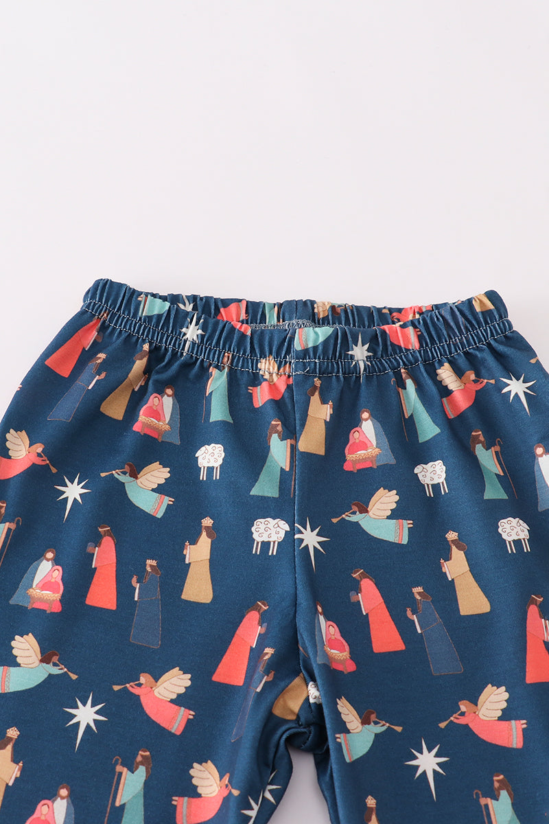 Navy nativity print ruffle pants set