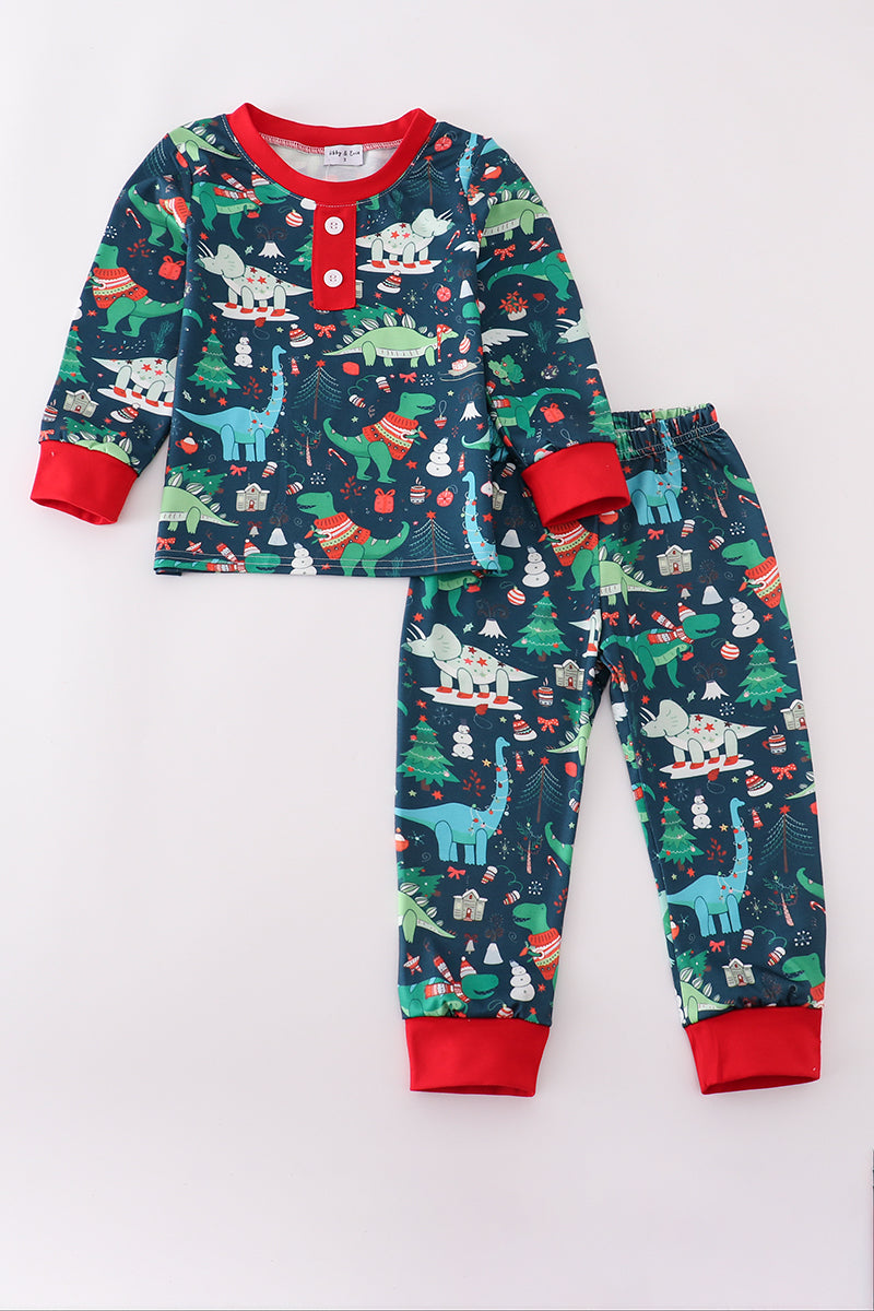 Green dinosaur print pants set