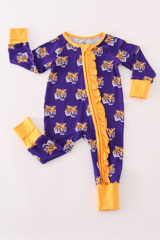 Purple LSU geaux tiger bamboo ruffle romper