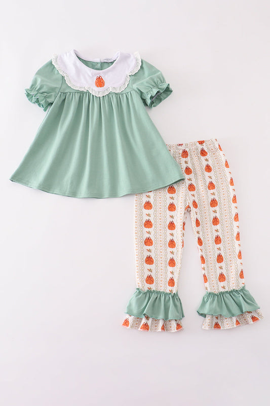 Green pumpkin bow embroidery ruffle pants set