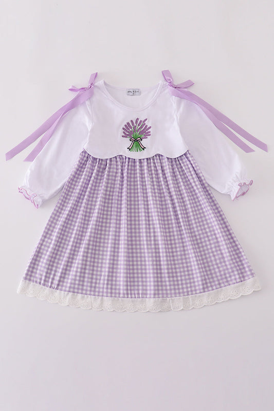 Lavender ribbon lace embroidery gingham dress