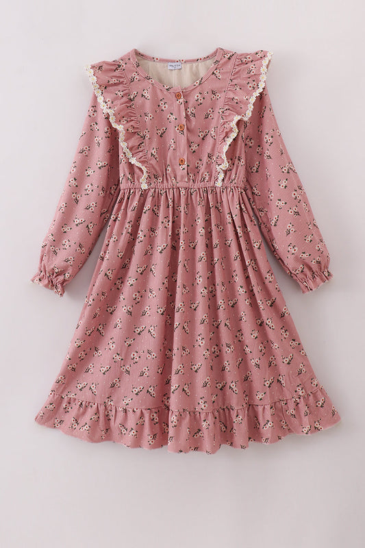 Floral corduroy lace ruffle mom dress