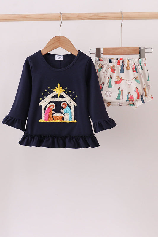 Navy nativity french knot bloomer set