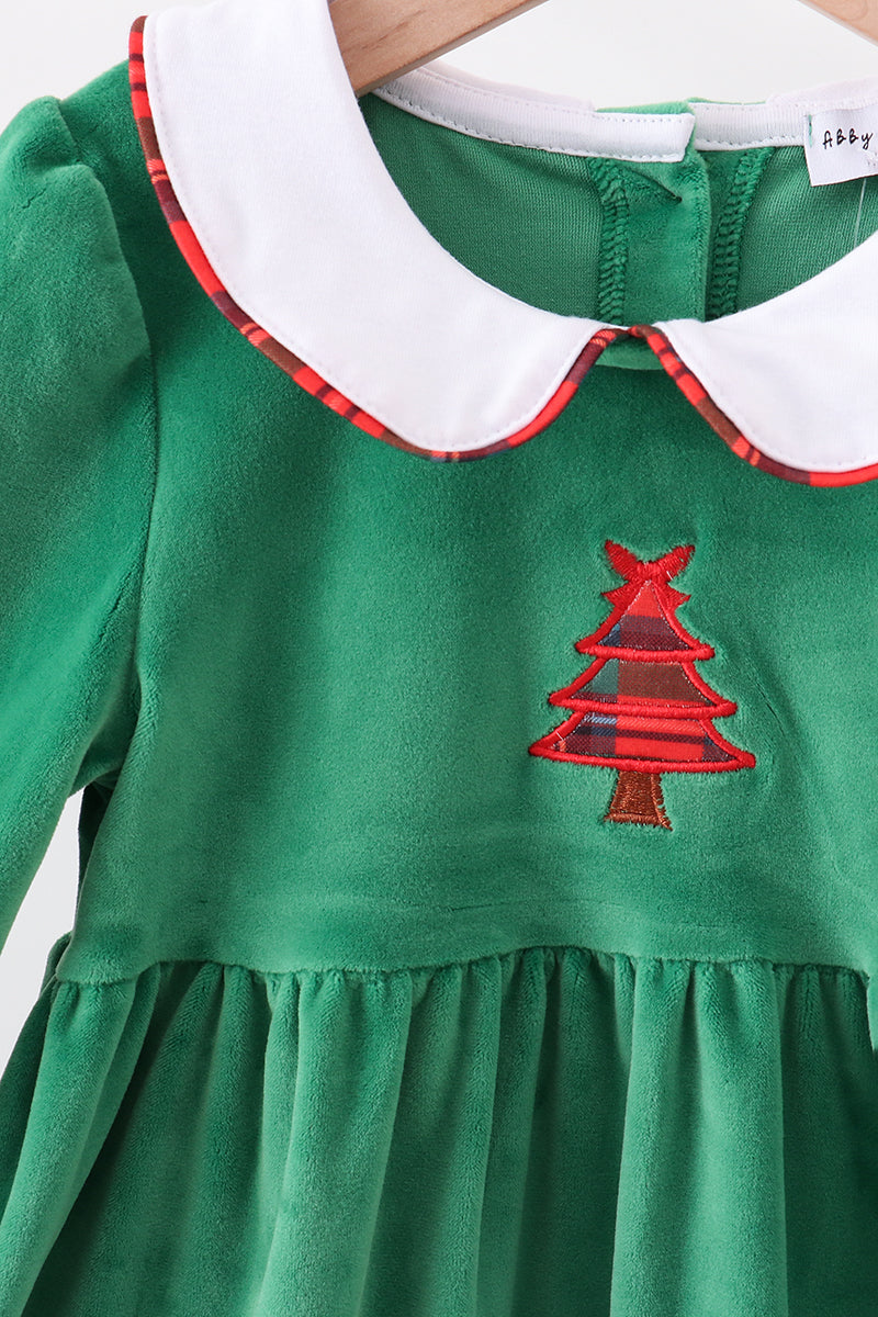 Green christmas tree applique velvet dress