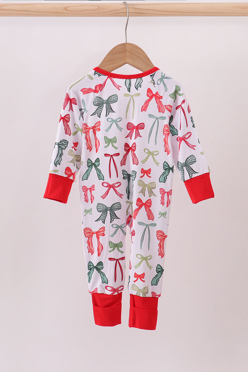 Red bow bamboo pajamas zipper romper