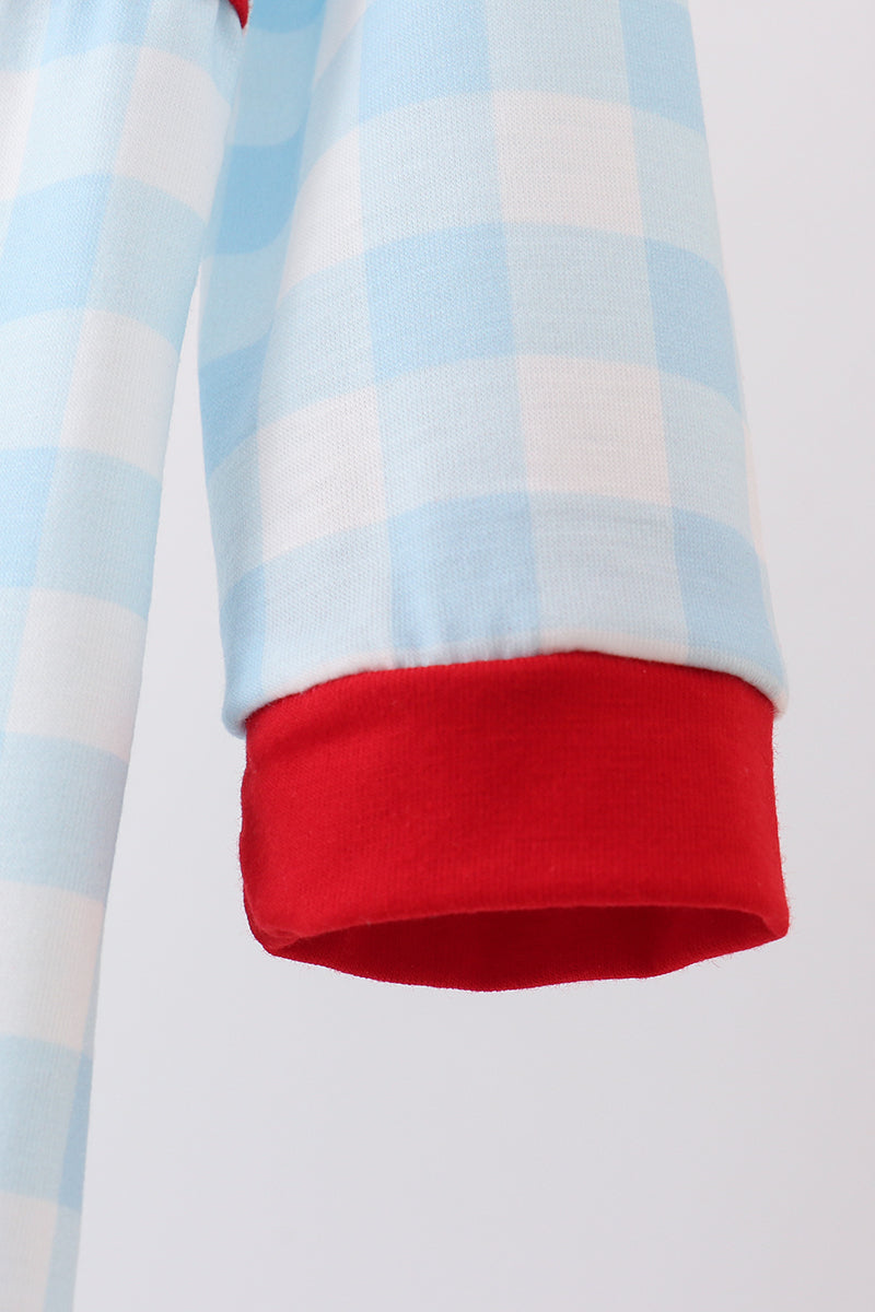 Blue gingerbread house embroidery gingham romper
