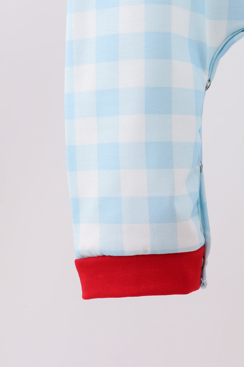 Blue gingerbread house embroidery gingham romper