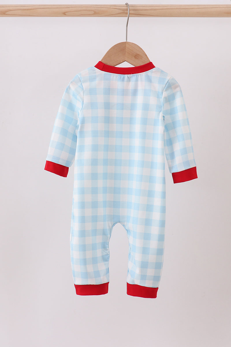 Blue gingerbread house embroidery gingham romper