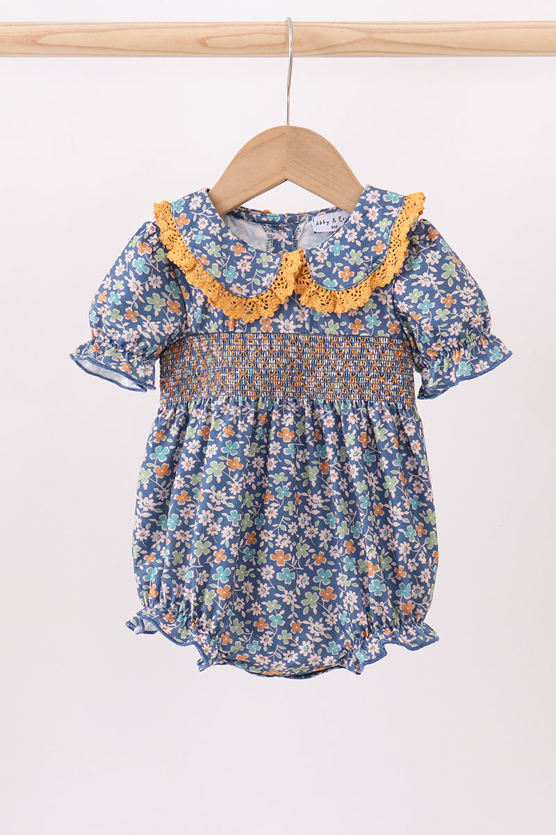 Navy floral smocked ruffle bubble