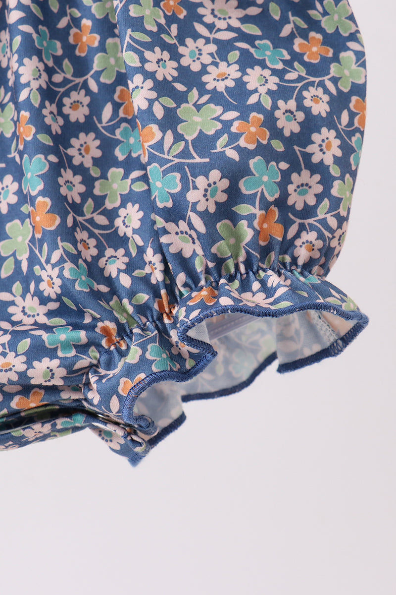 Navy floral smocked ruffle bubble