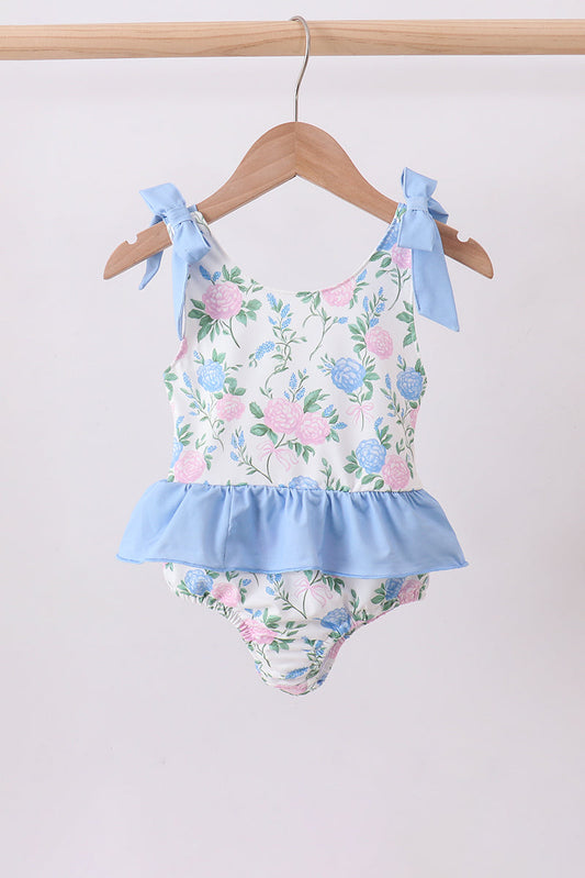 Blue floral smocked gingham one-piece swimsuit