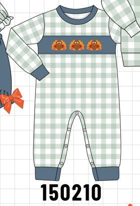 Sage Turkey Embroidery Gingham Romper