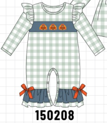 Sage Turkey Embroidery Gingham Ruffle Romper