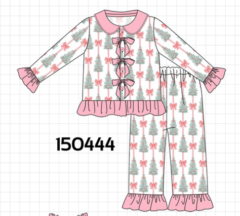 Pink Christmas Tree Bow Ruffle Pajama Set
