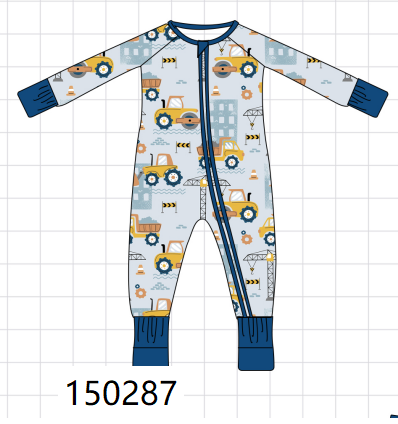 Blue Construction Trucks Zip Bamboo Romper