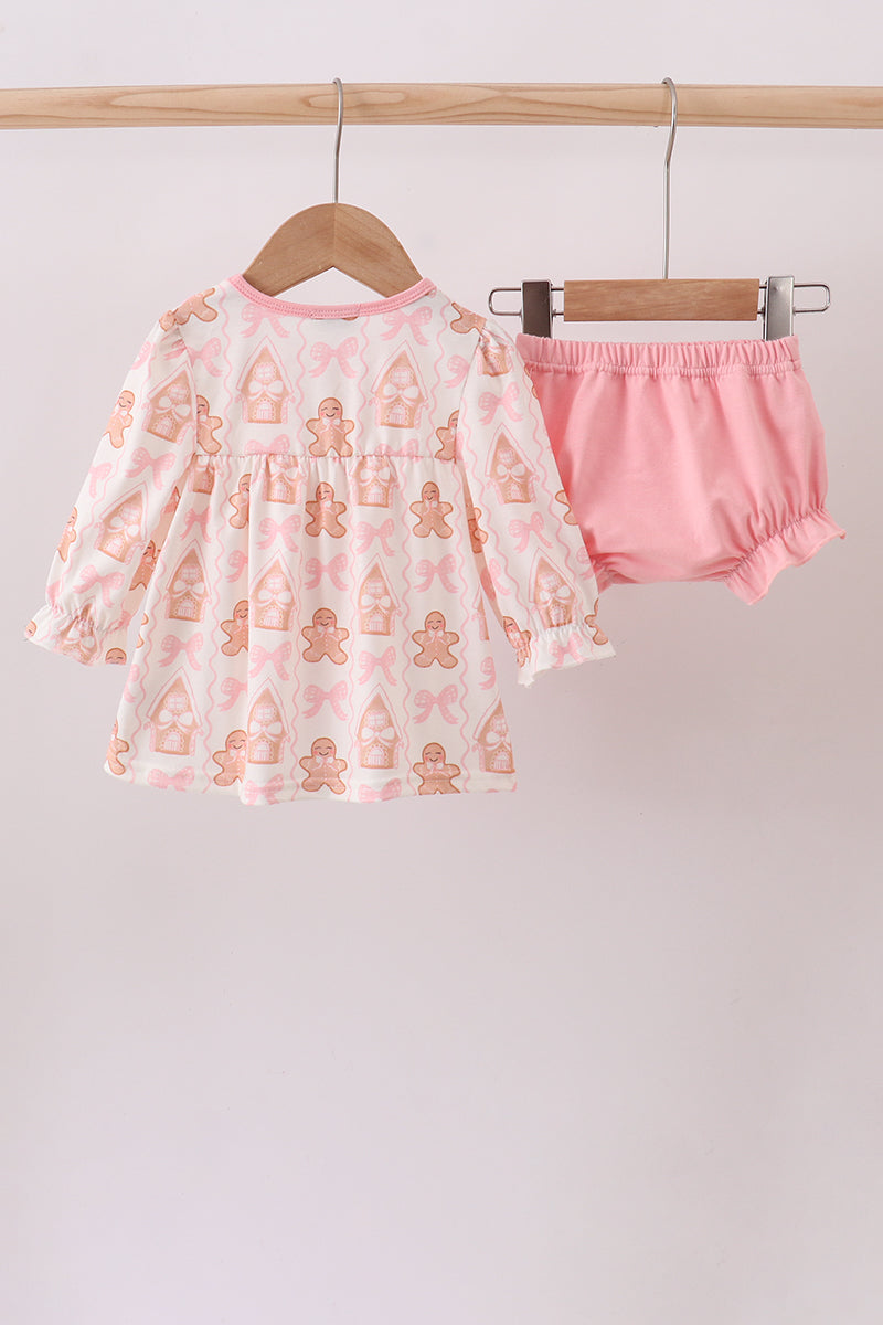 Pink gingerbread embroidery ruffle bloomer set