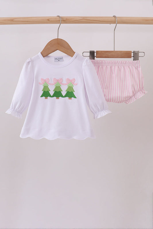 Pink christmas tree embroidery bloomer set
