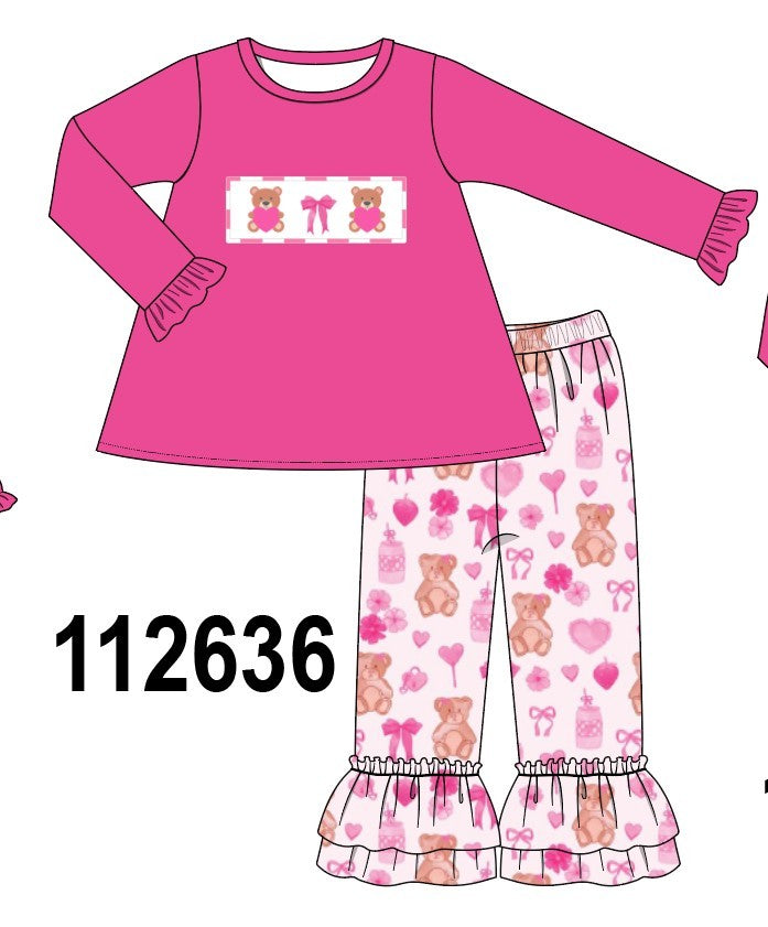 Pink bear embroidery ruffle pants set