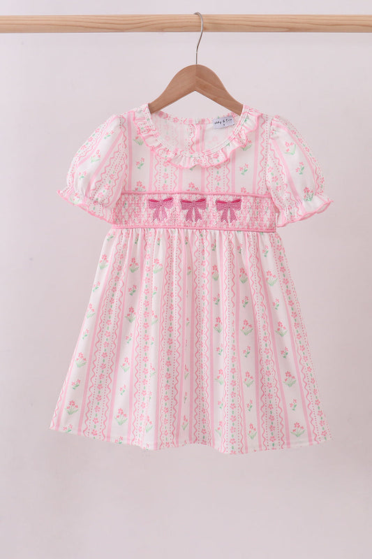 Pink floral bow smocked dress