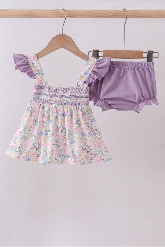 Purple floral smocked ruffle bloomer set