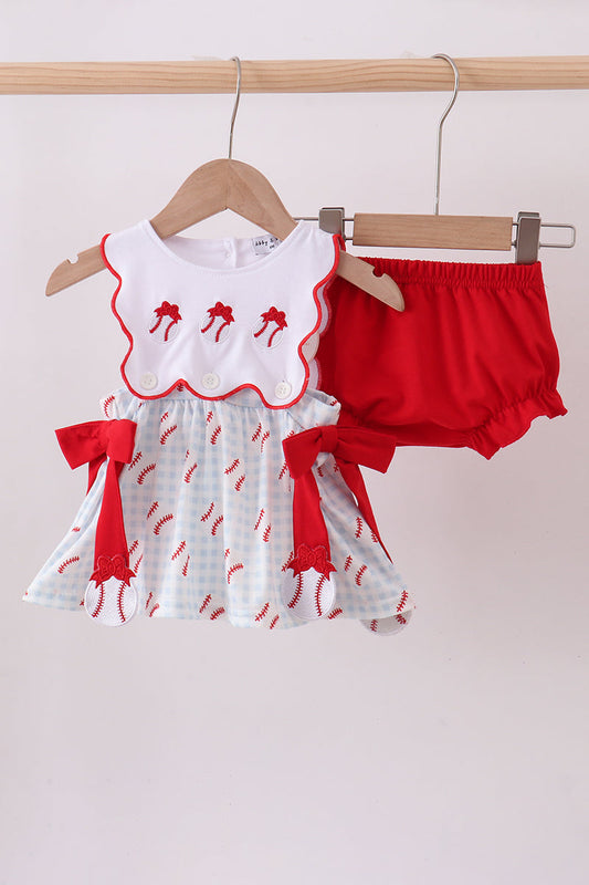 Baseball applique ruffle gingham bloomer set