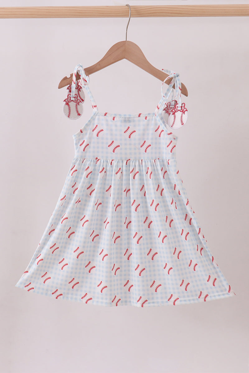 Baseball applique ruffle gingham dress