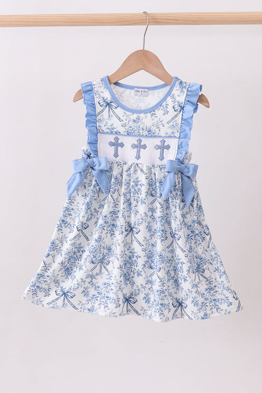 Blue floral cross smocked ruffle dress