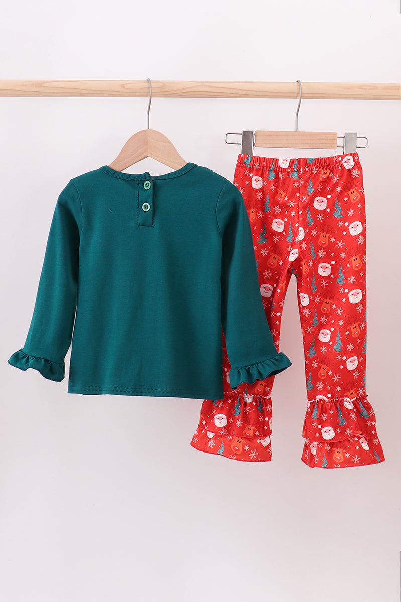 Green christmas santa claus embroidery ruffle pants set