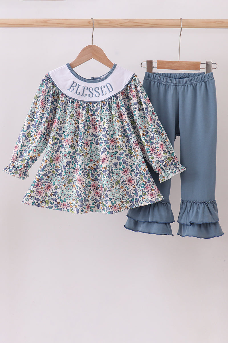 Blue floral blessed embroidery ruffle pants set