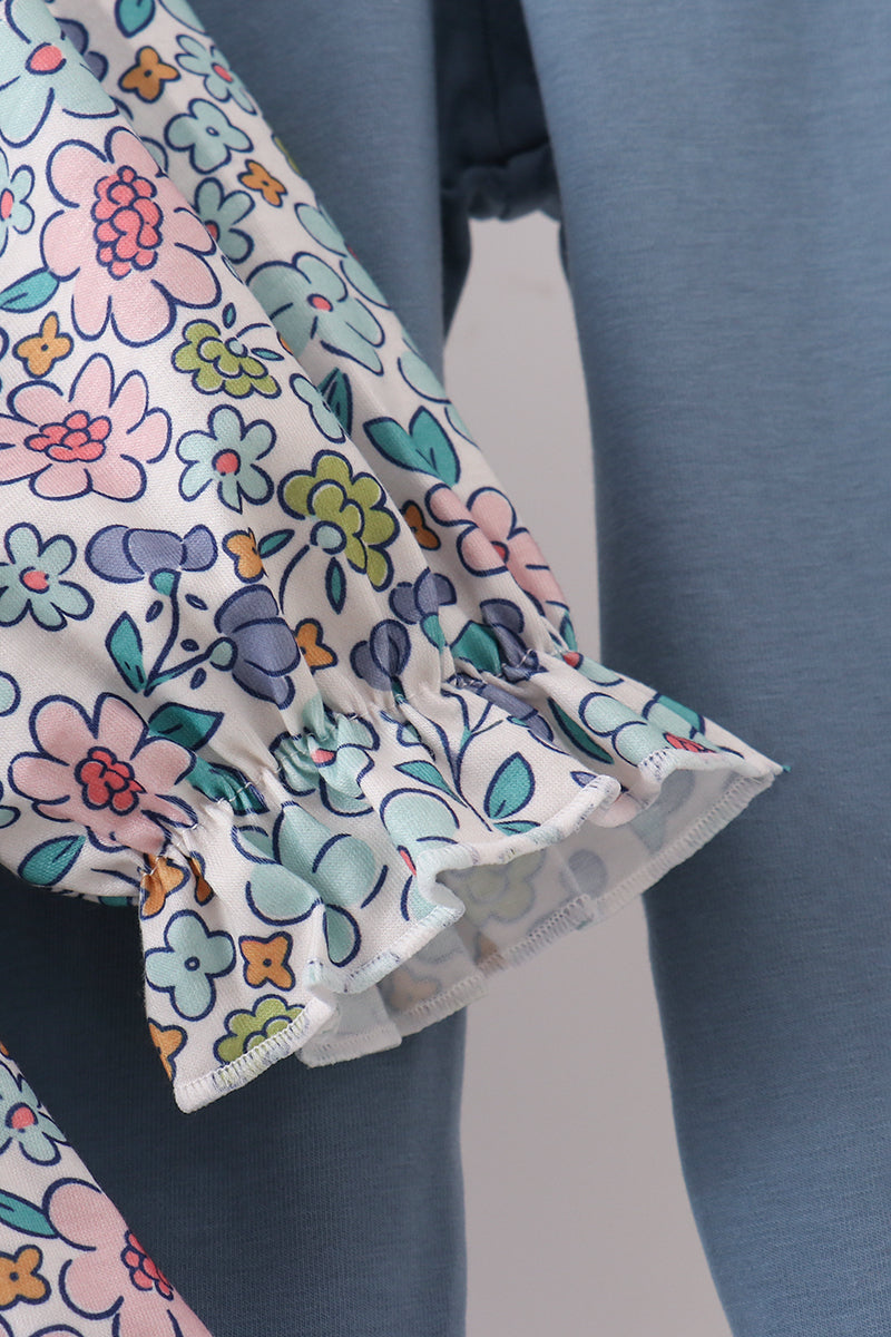 Blue floral blessed embroidery ruffle pants set