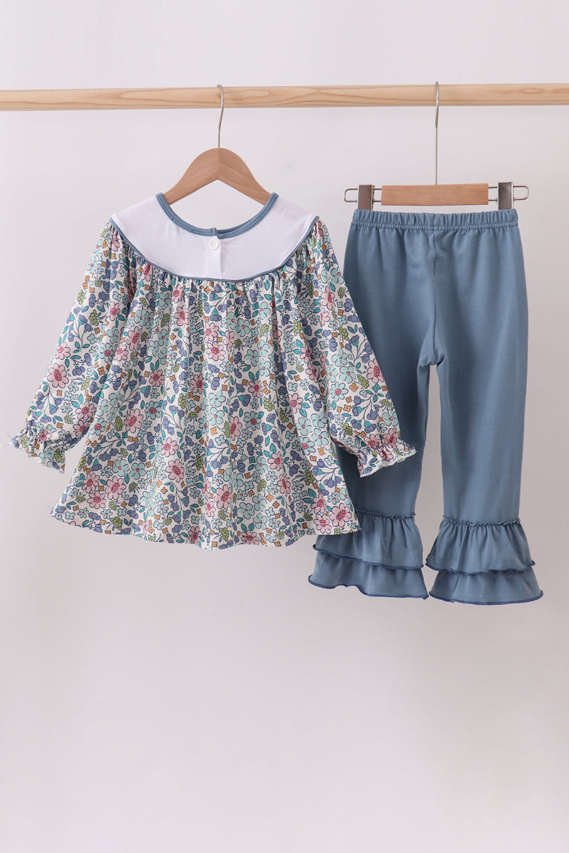 Blue floral blessed embroidery ruffle pants set