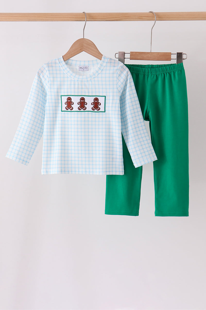 Blue Plaid Gingerbread Embroidery Pants Set