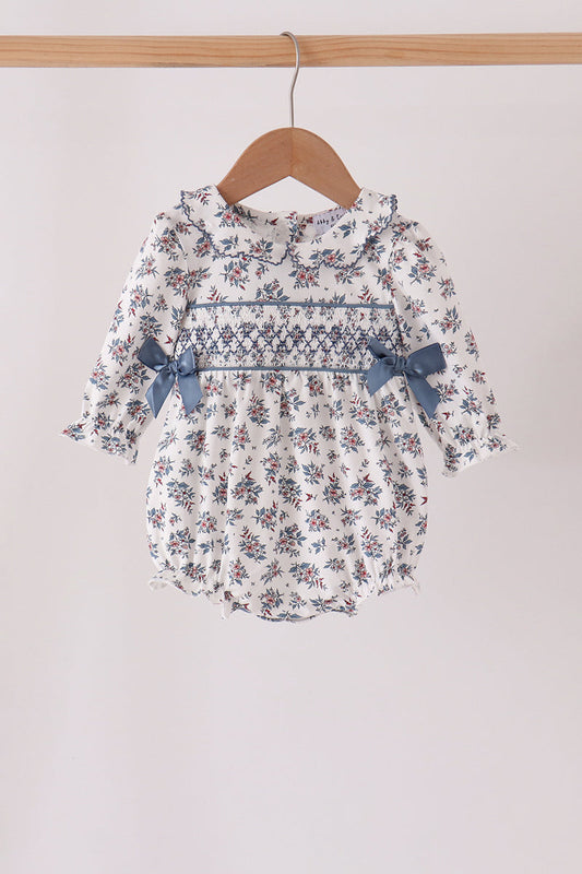 Teal floral smocked bow bubble