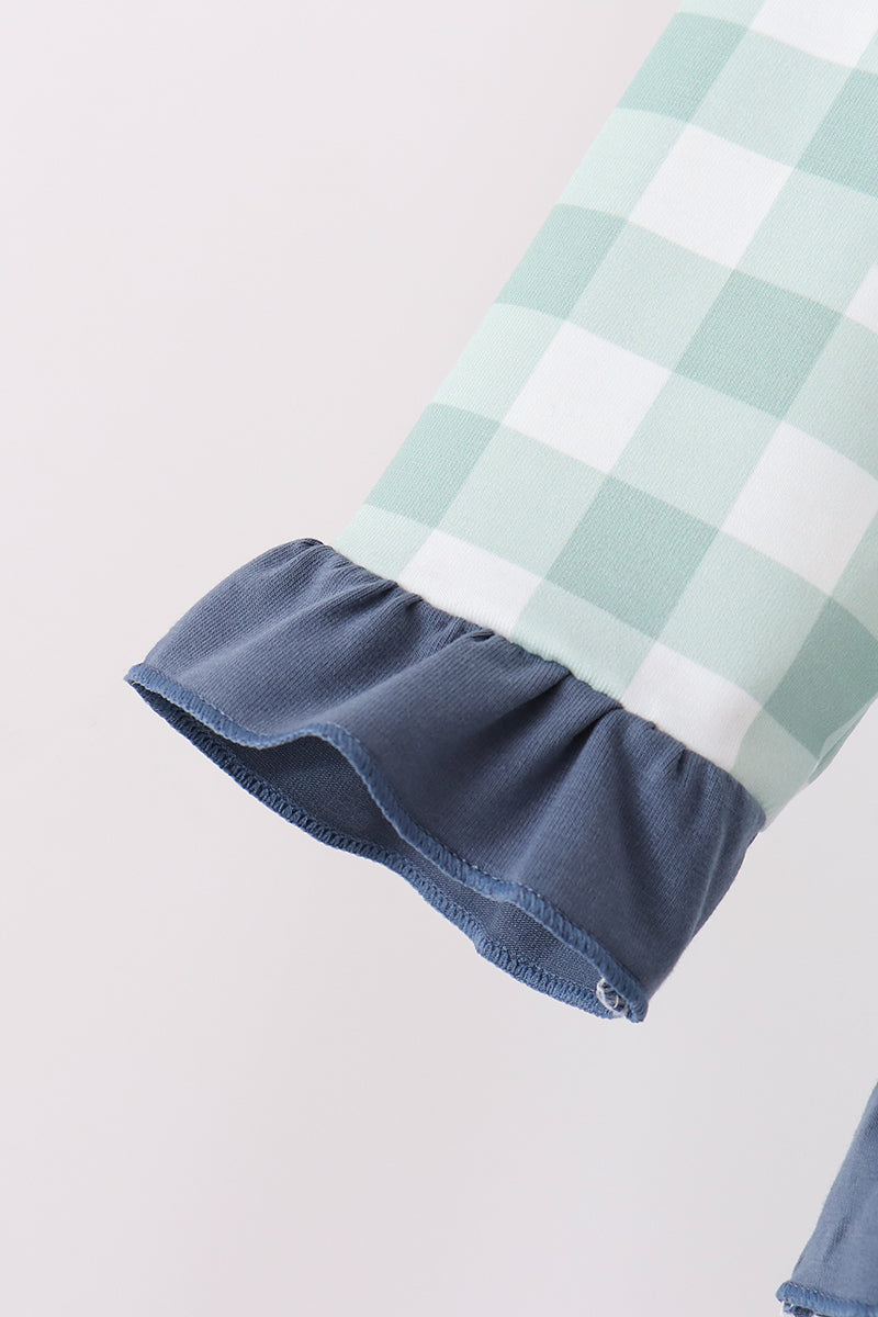 Sage Turkey Embroidery Gingham Ruffle Jogger Set
