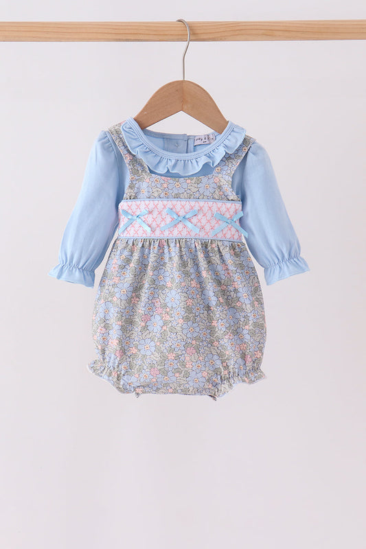 Blue Floral Bow Smocked 2pc Bubble Set