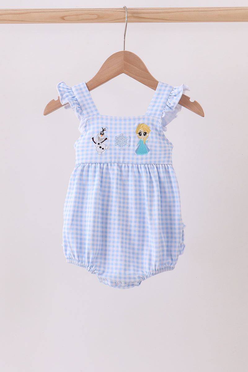Premium blue snowman embroidery gingham ruffle bubble