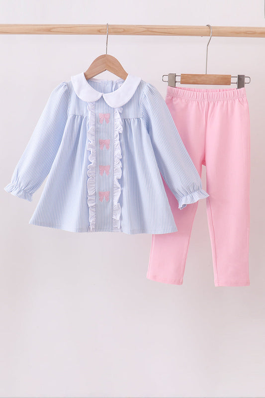 Premium blue stripe bow embroidery pants set