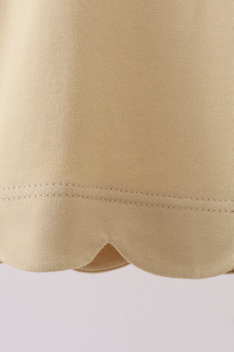 Khaki flutter sleeve scalloped top