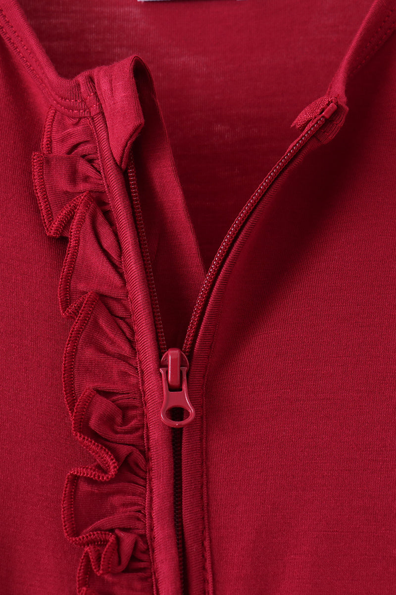 Burgundy ruffle zipper bamboo anti-slip romper – view 3