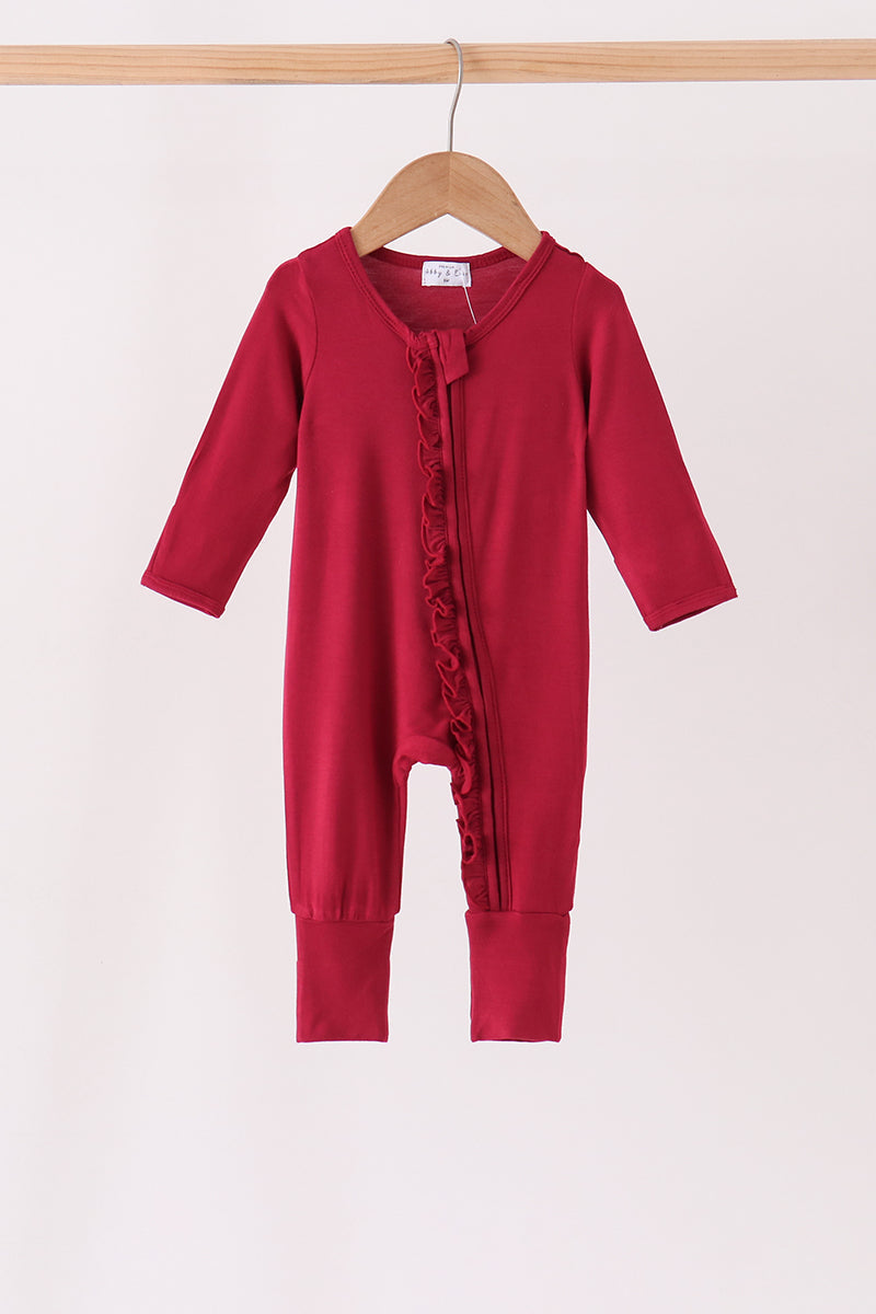 Burgundy ruffle zipper bamboo romper – wholesale for boutiques | Honeydew USA