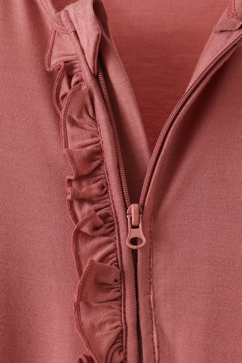 Dusty rose ruffle zipper bamboo anti-slip romper – view 3