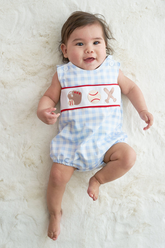 Blue plaid baseball embroidery boy bubble